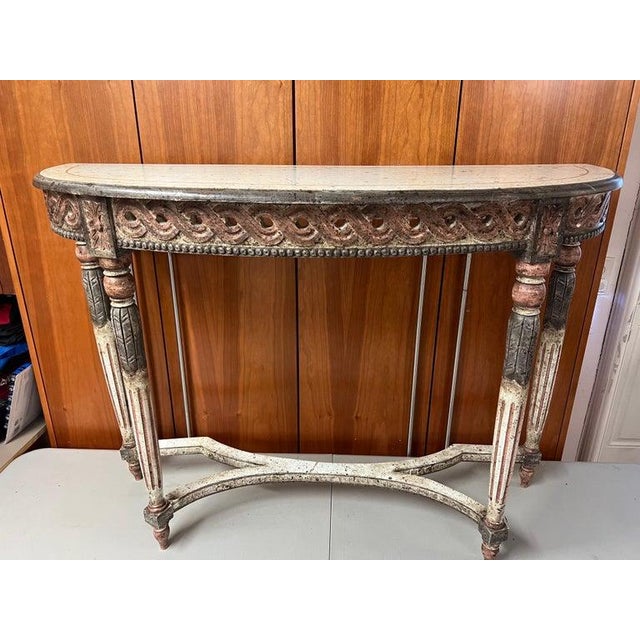 Wood Louis XVI Style Carved Wooden Demilune Console Table For Sale - Image 7 of 17