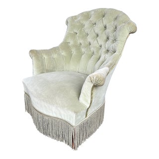 French Tufted Napoleon III Armchair in Sage Green Velvet For Sale