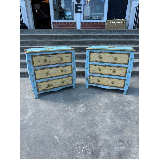 Boho Coastal Vintage Painted Chests Brass Detail - A Pair For Sale - Image 12 of 12