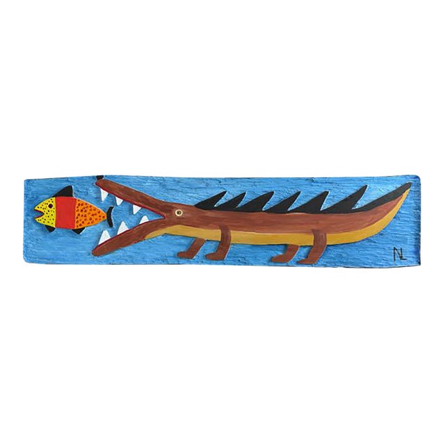 Gator Bait - Oil on Cypress Relief Wood Hand-Carving by Nilo Lanzas (1929-2004) For Sale