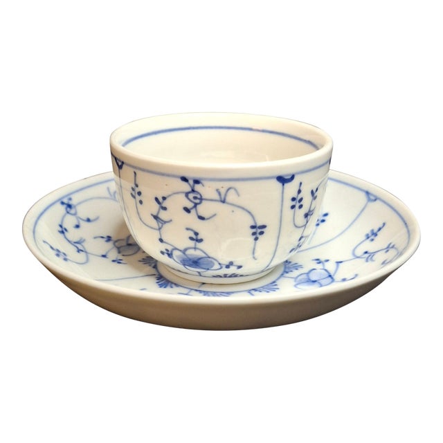 Antique Royal Copenhagen Blue Fluted Tea Bowl Saucer Late 18th Century 3 Waves Mark For Sale