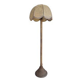 Vintage Wicker Rattan Woven Scalloped Dome Shade Floor Lamp For Sale