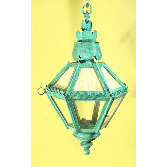 Vintage Verdigris Patina Lantern – Art Glass Hanging Chandelier/ Pendant For Sale - Image 11 of 16