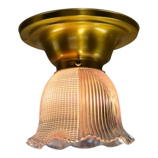 Small Semi Flush Light With Clear Glass Holophane Half and Half Shade on Antique Rich Gilt Fixture #2647 For Sale
