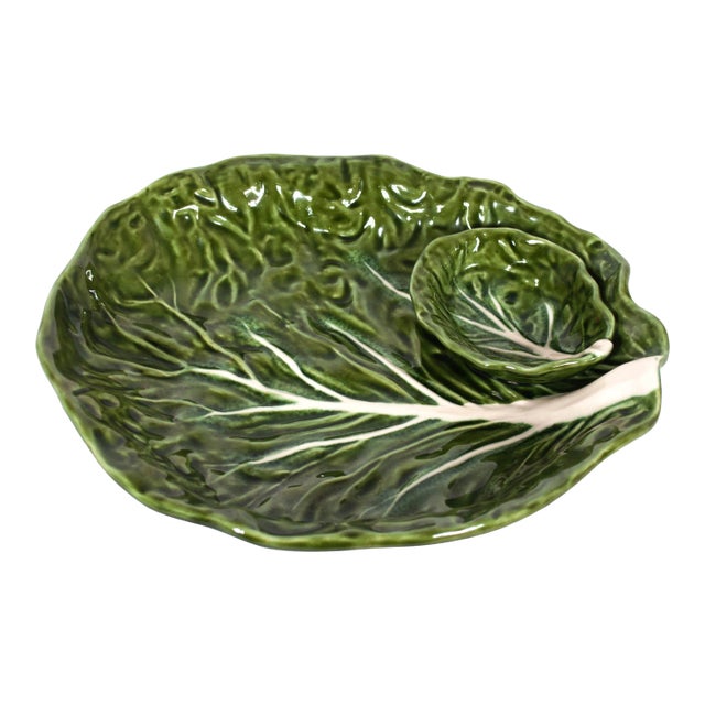 Green Majolica Cabbage Leaf Chip & Dip or Crudité Platter For Sale