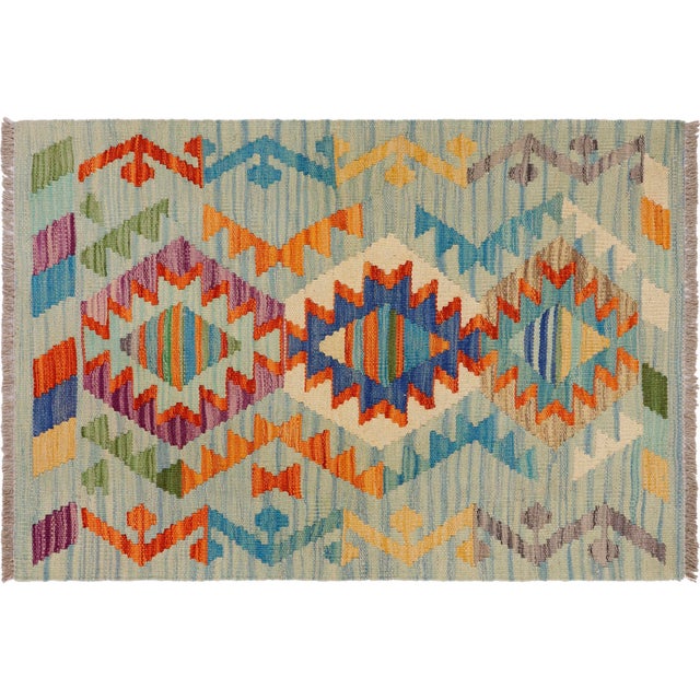 Southwestern Kilim Blue Beige Hand-Woven Wool Rug 2'0'' X 3'1'' For Sale - Image 9 of 9