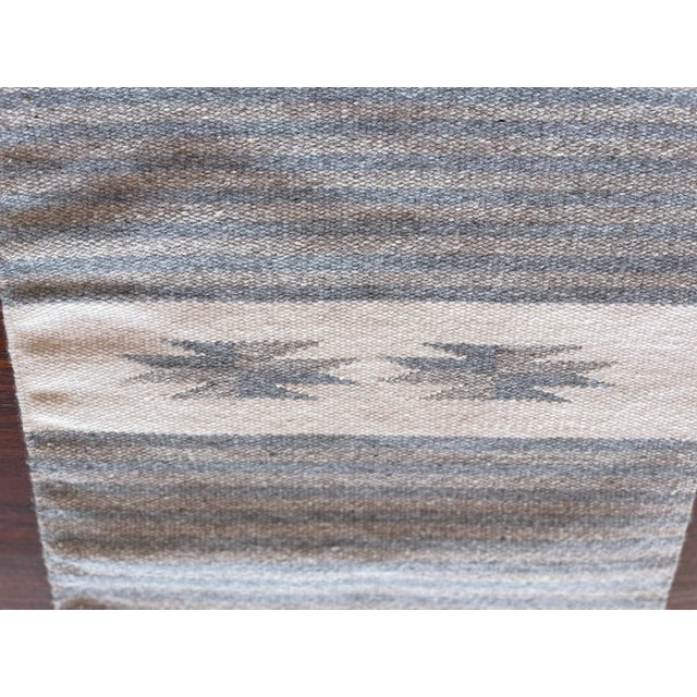 Workaday Handmade Chimayo Ortega Gray Blue Beige Geometric Runner Weaving With Label For Sale - Image 4 of 5
