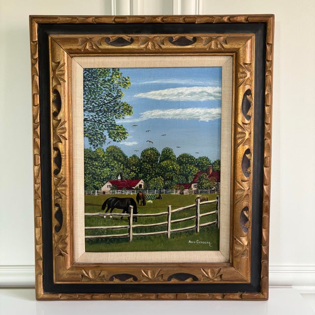 American folk art painting of an idyllic farm scene and horses, embodies the spirit of American folk art, likely created...