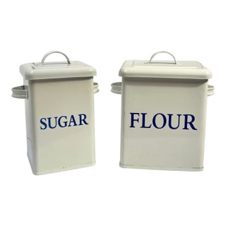 Vintage Blue and White Enamel Lidded Tin Sugar and Flour Canisters - Set of 2 For Sale