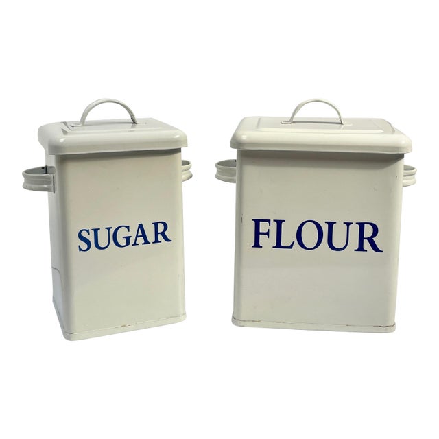 Vintage Blue and White Enamel Lidded Tin Sugar and Flour Canisters - Set of 2 - For Sale