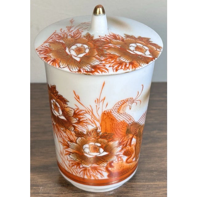 1970s Vintage 1970’s Japanese Kutani Porcelain Peacock/Floral Yunomi Lidded Teacup For Sale - Image 5 of 7