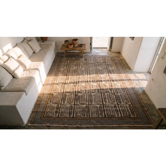 Textile 1930s Ivory Geometric Garden Antique Persian Bakhtiary Rug 7'1" X 9'10" Handknotted Wool Carpet For Sale - Image 7 of 9