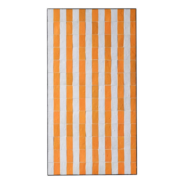 Matthew Izzo Home 51" Rectangle Yellow and White Striped Moroccan Zellige Tile Coffee Table on Iron X Base For Sale