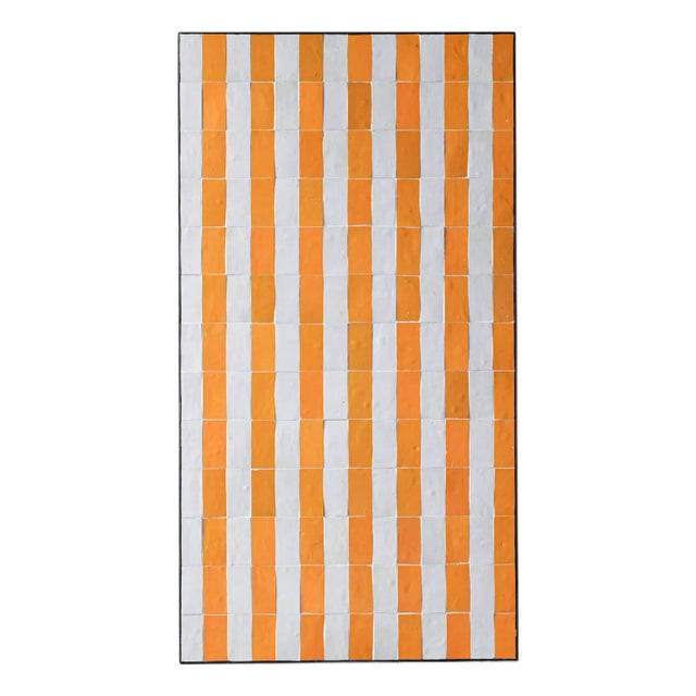 Matthew Izzo Home Moroccan Zellige Yellow and White Striped Tile and Iron X Base 51" Rectangle Coffee Table For Sale
