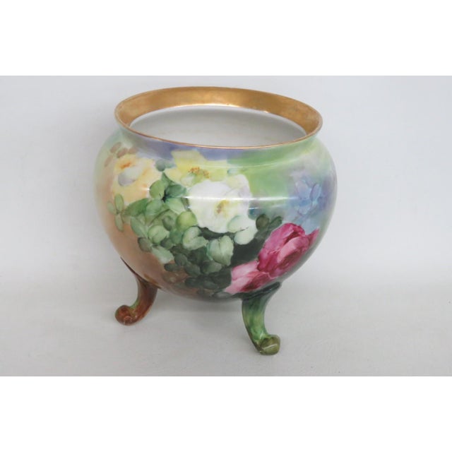 French Style Footed Porcelain Jardiniere Hand Painted Green With Flowers 4998b For Sale - Image 12 of 13