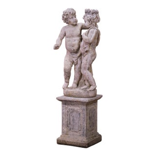 Early 20th Century French Cast Stone Cherub Garden Sculpture on Pedestal For Sale
