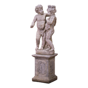 Early 20th Century French Cast Stone Cherub Garden Sculpture on Pedestal