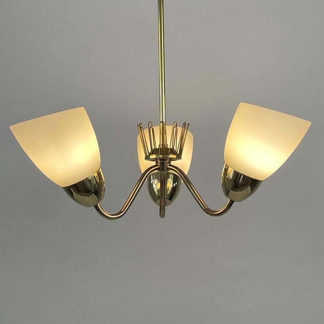 Cream Brass & Opaline Glass 3-Arm Chandelier attributed to Hans Bergström for Asea, Sweden, 1950s For Sale - Image 8 of 17