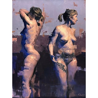 Inner Speech by Calvin Lai | Oil on hardboard panel Two nude figures in contrasting poses. For Sale
