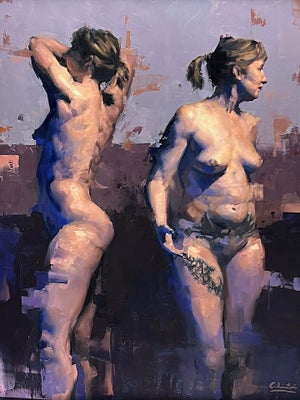Inner Speech by Calvin Lai | Oil on hardboard panel Two nude figures in contrasting poses.