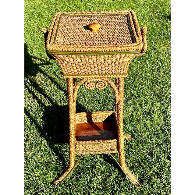 Heywood-Wakefield In the Style of Heywood and Wakefield, Victorian Wicker Stand With Lid, Rattan, Late 1880’s For Sale - Image 4 of 11