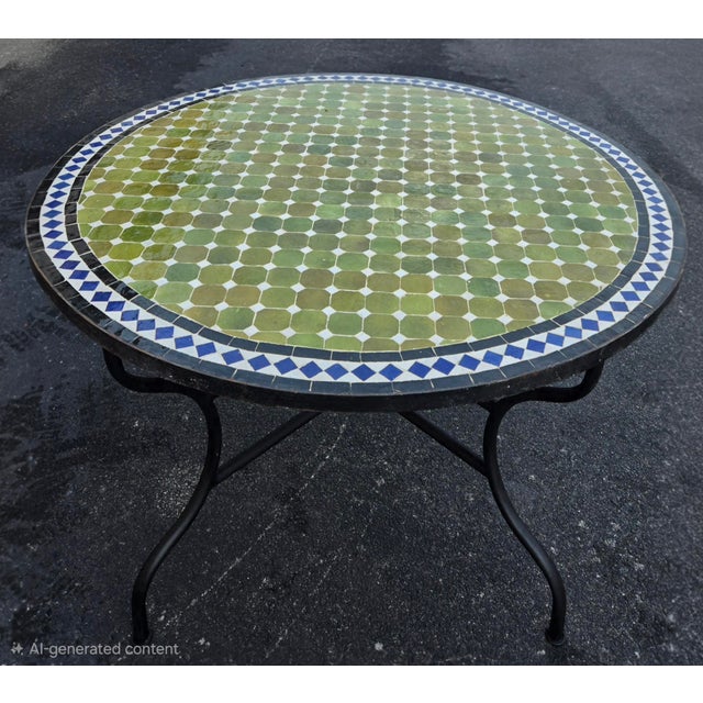 Sculpture Materials 48" Handcrafted Olive Green, Blue, Black and White Moroccan Mosaic Table For Sale - Image 7 of 7