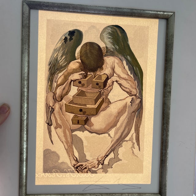 1960s 1960s “Fallen Angel by Salvador Dali. Hand Signed in Purple as Dali Custom Woodcut, 13 X 10 1/4 In. Print, Framed 22x17 3/4x1 1/2in., 1960 Orig., Fran For Sale - Image 5 of 12