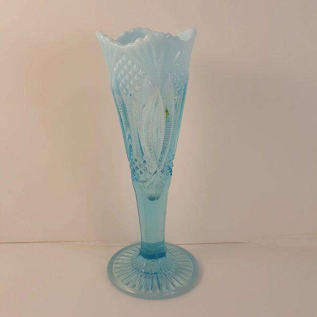 Pattern: Diamond Color: Aqua Opalescent Manufacturer: Mosser Glass Date Produced: 1970s Shape: Vase