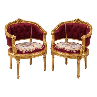 French Louis XVI Style Barrel Armchair – Burgundy Tufted Velvet & Ornate Gold Leaf Frame Set of 2 For Sale