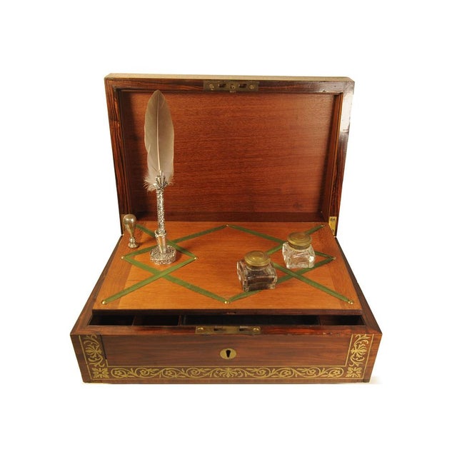 Metal Regency Brass-Trimmed Rosewood Writing Slope with Stationery from Wells & Lambe, Set of 6 For Sale - Image 7 of 16