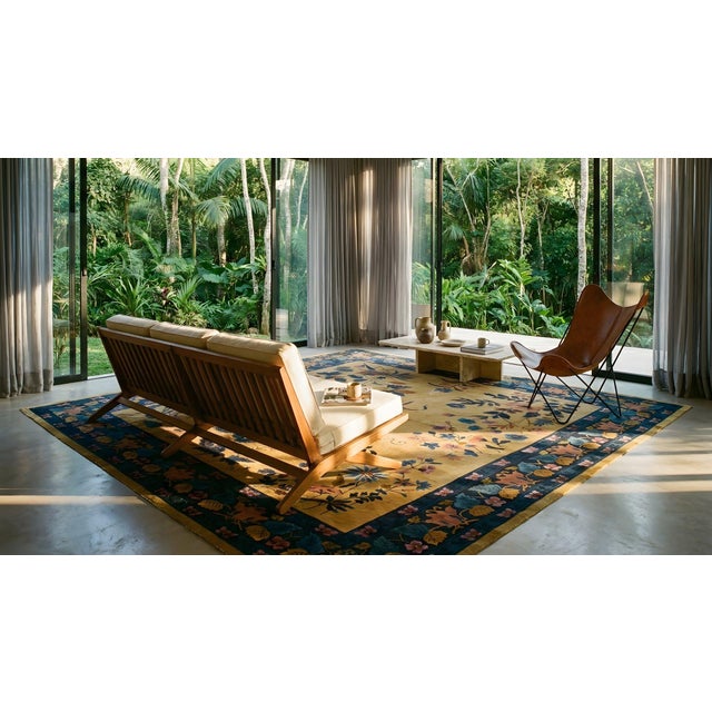 Multicolored Floral Design in a Beige Bakcground Color Antique Chinese Art Deco Rug For Sale - Image 11 of 12
