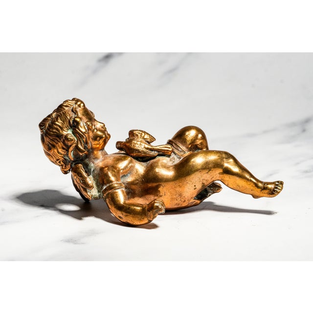 Heavy Classical Figurine Vintage Solid Metal Cherub Putti With Bird Sculpture Paperweight Home Decor Art For Sale In New York - Image 6 of 13