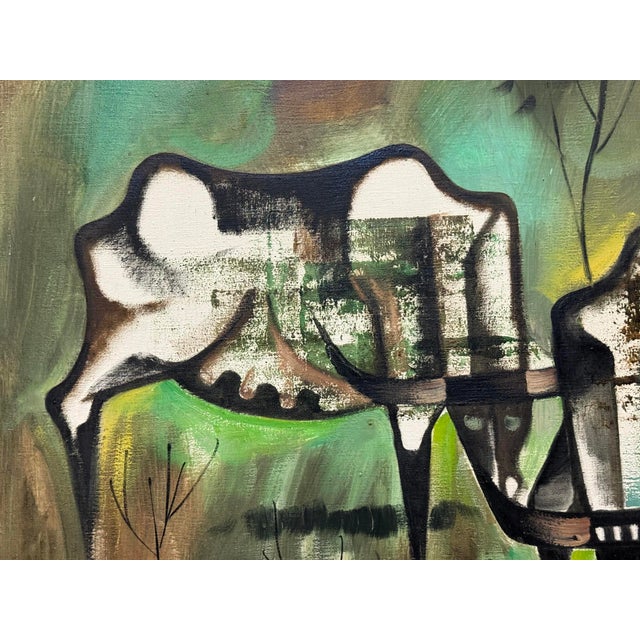 Wood 1970s Abstract Expressionist Oil Painting of 2 Steers on Canvas, Newly Framed For Sale - Image 7 of 10