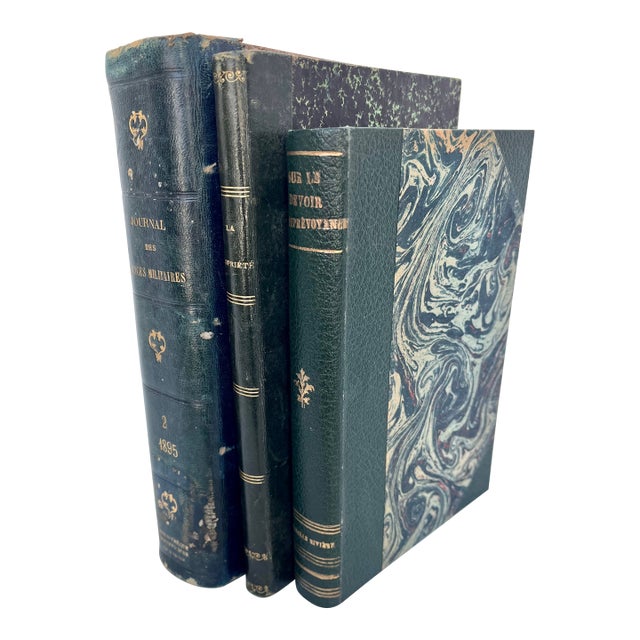Antique French Green Leather Bound Books - Set of 3 For Sale