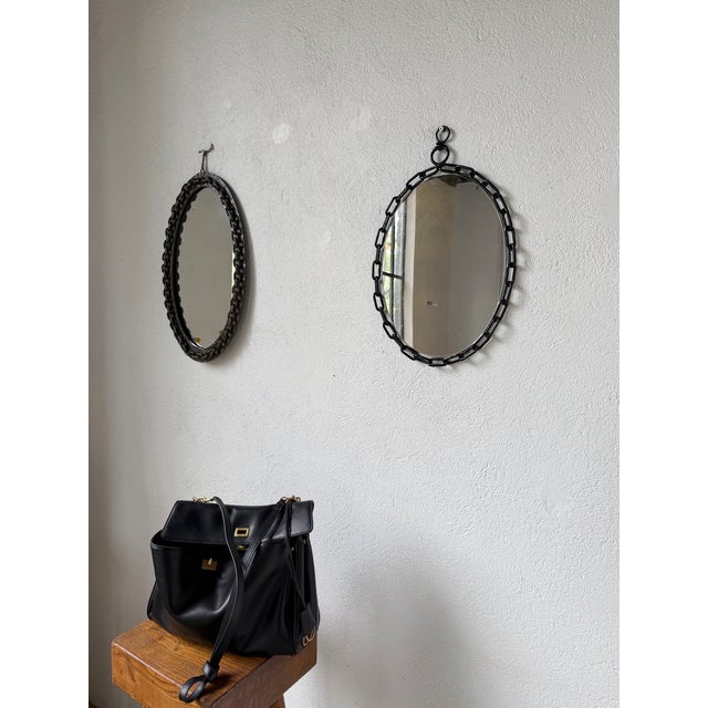 Black Oval Brutalist Chain Mirror, 1950 For Sale - Image 8 of 18