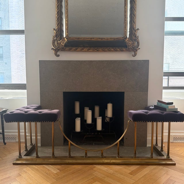 Brass Fire Fender With Purple Velvet Seating For Sale - Image 4 of 6