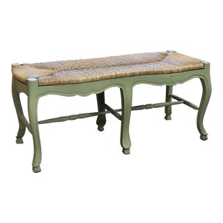 1930s Rustic Farmhouse Green Rush Seat Window Bench For Sale