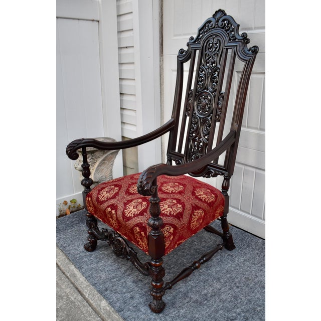 Vintage Carved Throne Chair High Back Renaissance Revival Armchair For Sale - Image 4 of 16