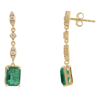 Vibrant 2.69ct Zambian Emerald Diamond Wedding Drop Earrings in 14k Solid Gold- A Pair For Sale