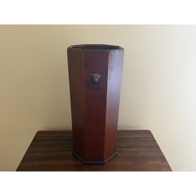 Mid 20th Century Mid-Century Octagonal Wood Umbrella Stand With Brass Lion-Head Ring Handles For Sale - Image 5 of 10