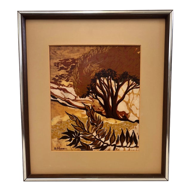 1970s Vintage Mid Century Modern Batik Style Abstract Framed Painting Landscape For Sale