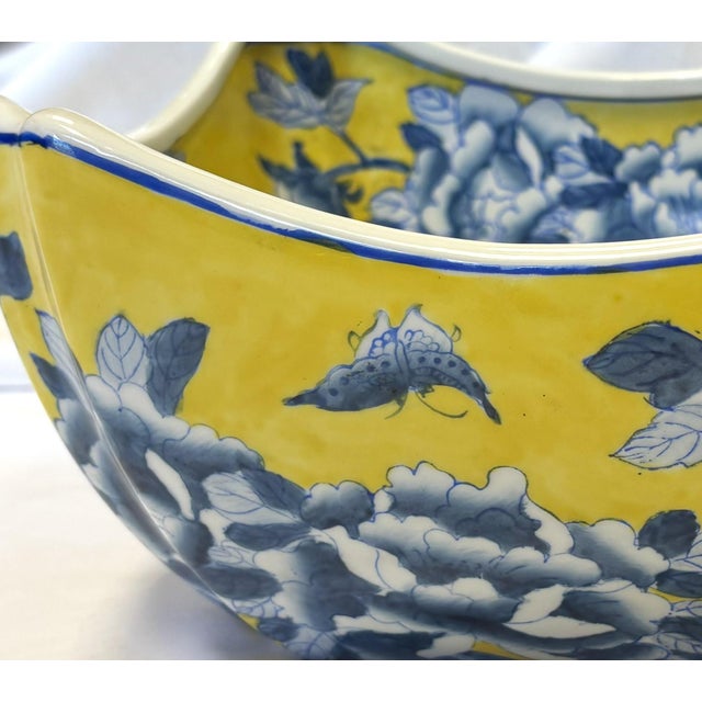 Ceramic Vintage Chinoiserie Style Blue and Yellow Ceramic Handkerchief Bowl For Sale - Image 7 of 12