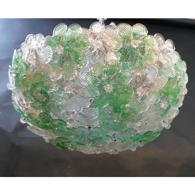 Vintage Italian flush mount with clear and green hand blown Murano glass flowers / Made in Italy in the 1960s by Barovier...