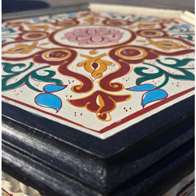 Hand-Painted Moroccan-Style Hexagonal Side Table, Musharabi Beige For Sale - Image 4 of 6