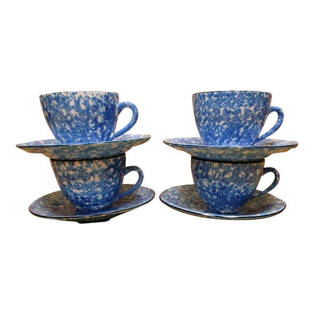 Vintage Royal Copenhagen/Cumberland Usa Blue Spongeware 4 Cups & 4 Saucers- For Sale
