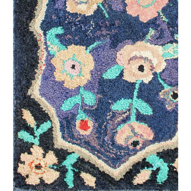 American American Hooked Rug in Floral Pattern With Medallion on Purple/Blue, Black For Sale - Image 3 of 9