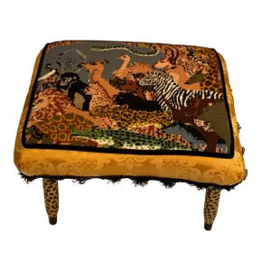 Vintage Jungle Animals Needlepoint Footrest Stool