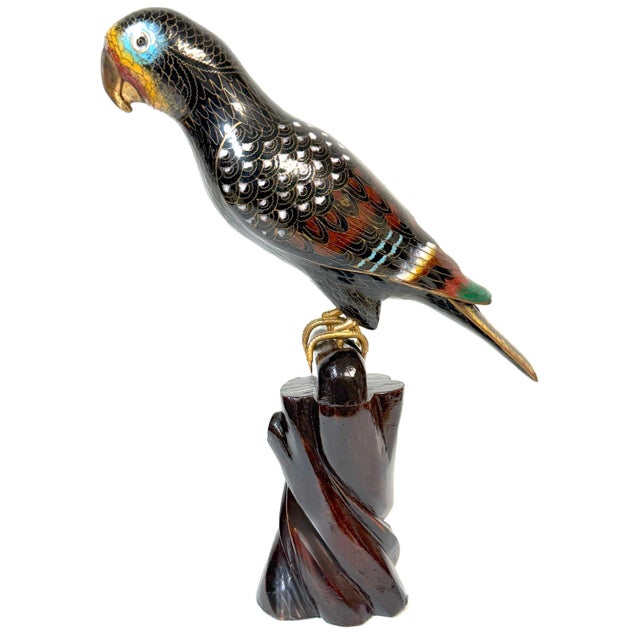 Metal Chinese Cloisonné Parrot on Carved Hardwood Tree Trunk Base Chinese, Circa 1960 For Sale - Image 7 of 13