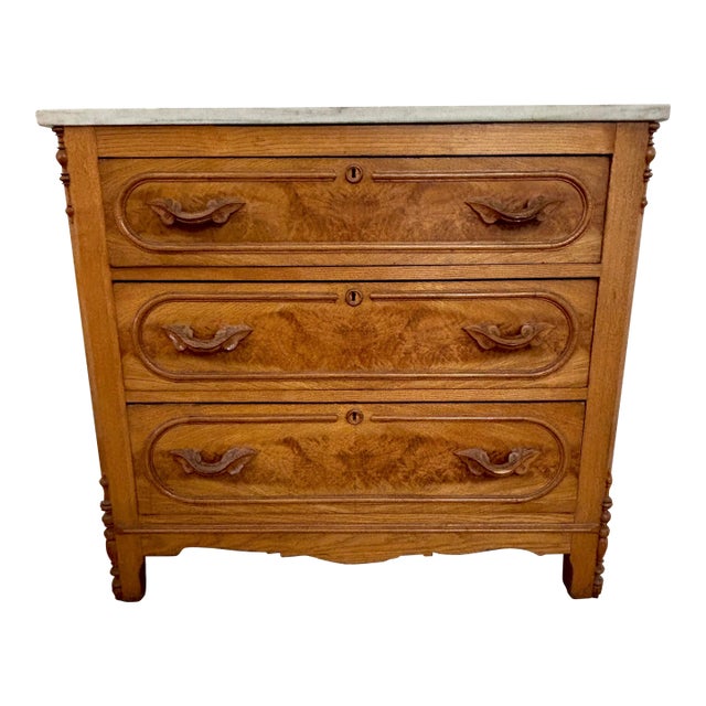 19th-Century American Victorian Burl Walnut & Tiger Oak Marble Top Chest of Drawers For Sale