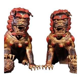 Monumental Pair of Vintage Gilt Bronze & Cinnabar Guardian Lions – Large Temple Foo Dogs For Sale